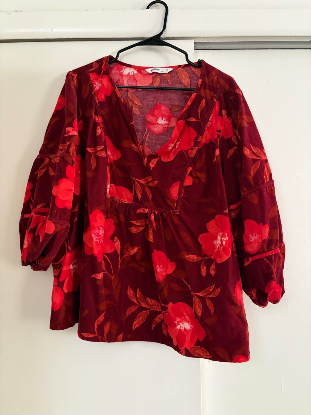 Sonoma Red Floral V-Neck Corduroy Blouse